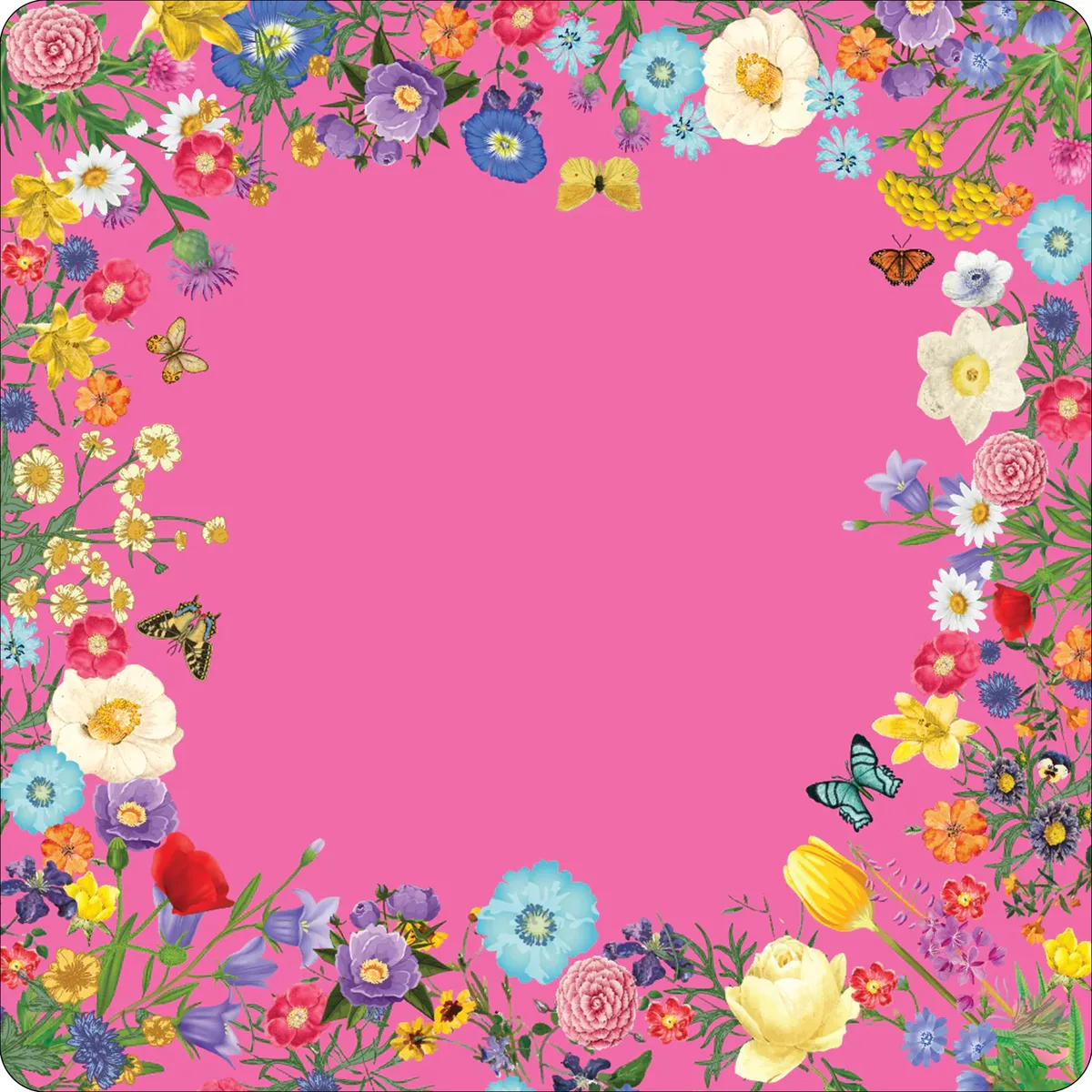The Fuchsia Flower Garden Mat, an abundant border of multicoloured flowers and butterflies surrounds a clear fuchsia center