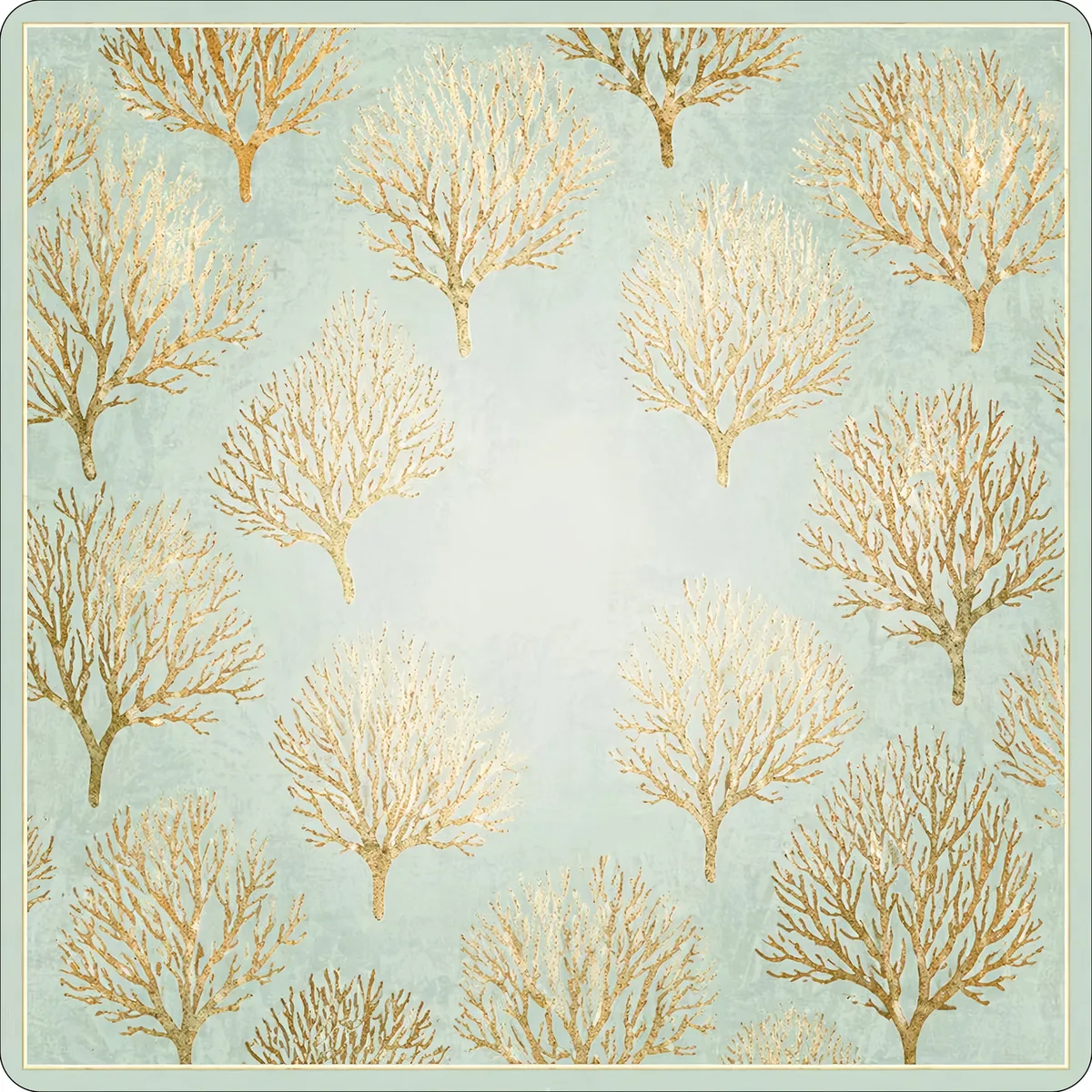 The Gold Coral Mat, golden coral fans drift across a soft sage field, framed by a fine gold-toned border