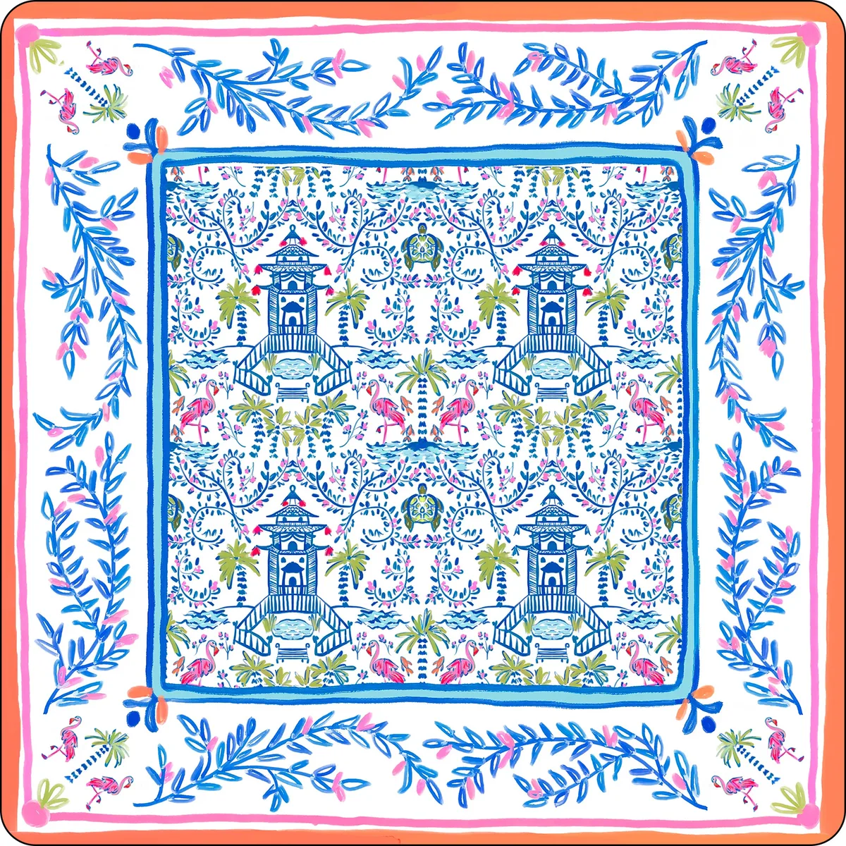 The Porcelain Pagoda Mat, blue pagodas and delicate garden details fill a white center, surrounded by leafy blue sprigs and fine coral-pink framing