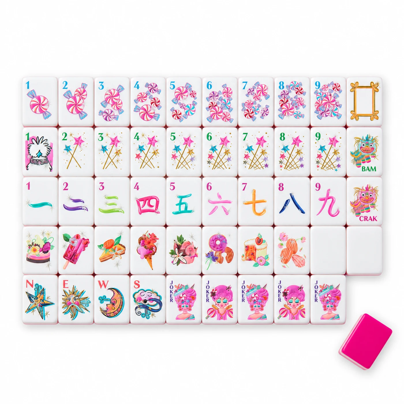 The Bonbon Set, white mahjong tiles with peppermint candy dots and hot pink layered edges
