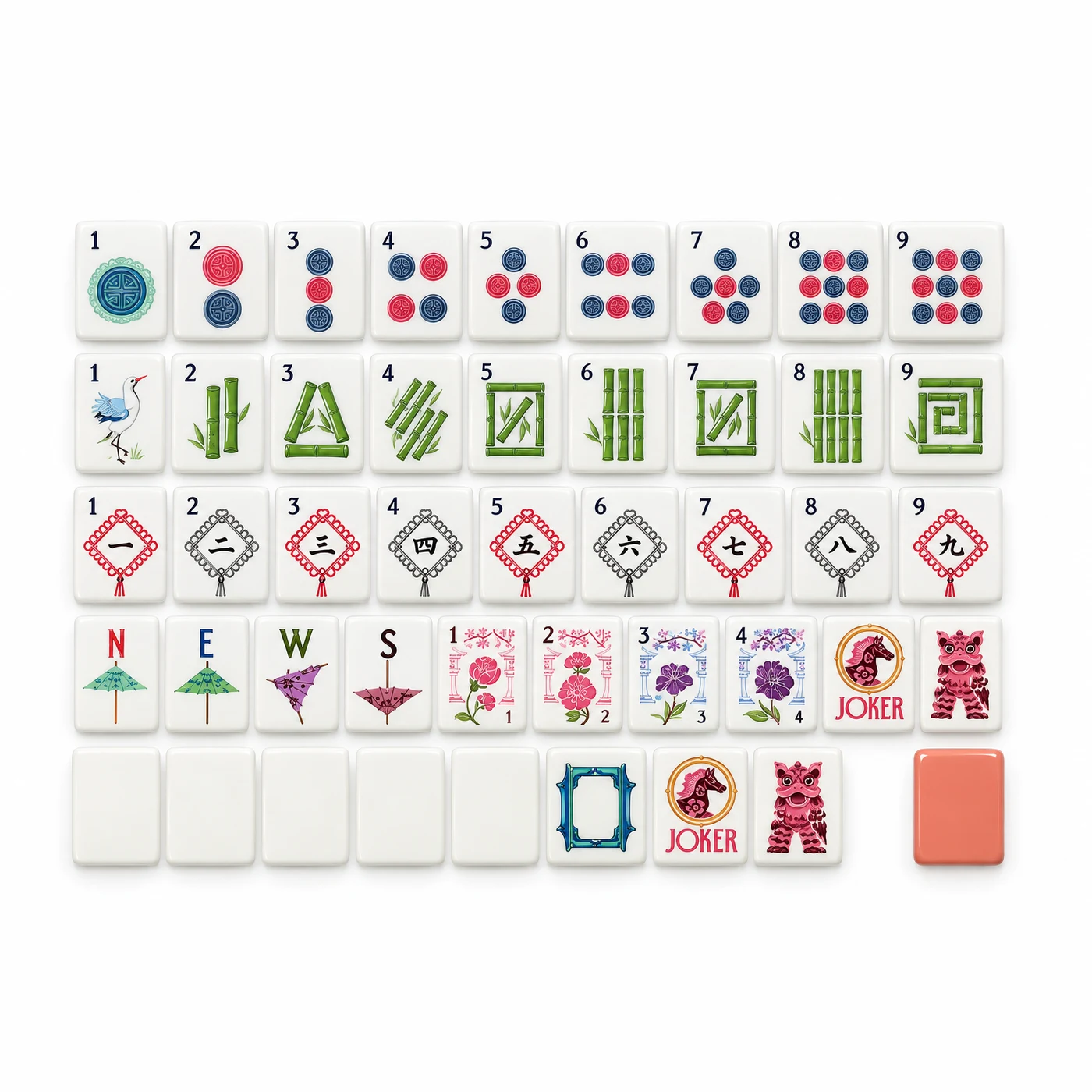 The Persimmon Set, white mahjong tiles with wax seal dots and persimmon backs