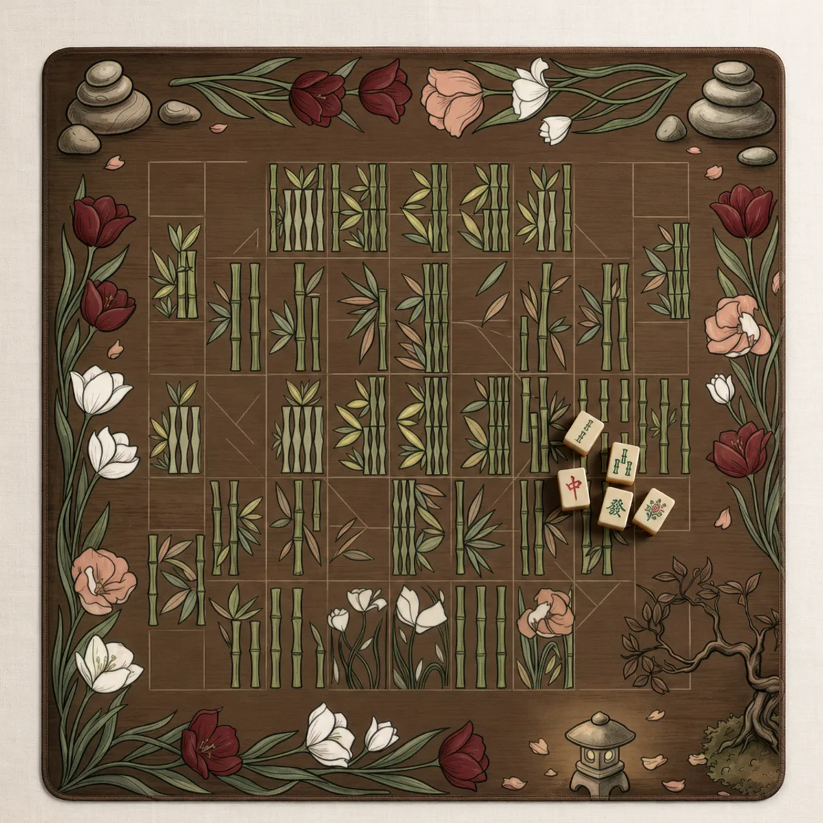 The Bamboo Garden Mat, walnut wood-grain mat with a bamboo grove and floral border