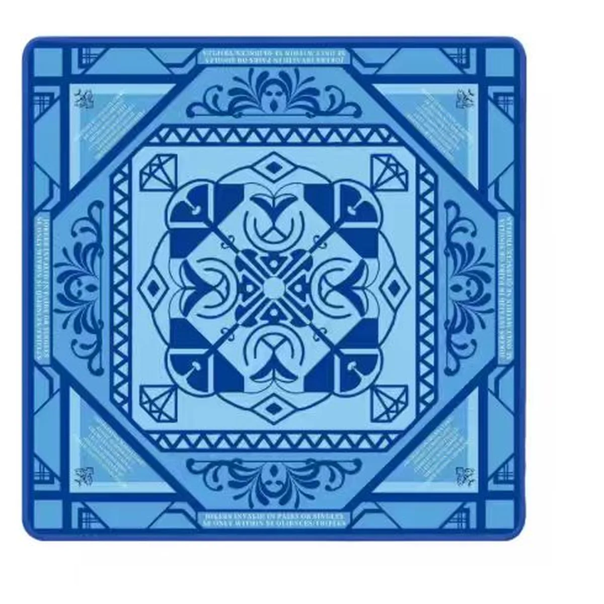 The Blue Mosaic Mat, layered blue geometric shapes and ornamental motifs form a symmetrical tile-like composition with a crisp architectural rhythm