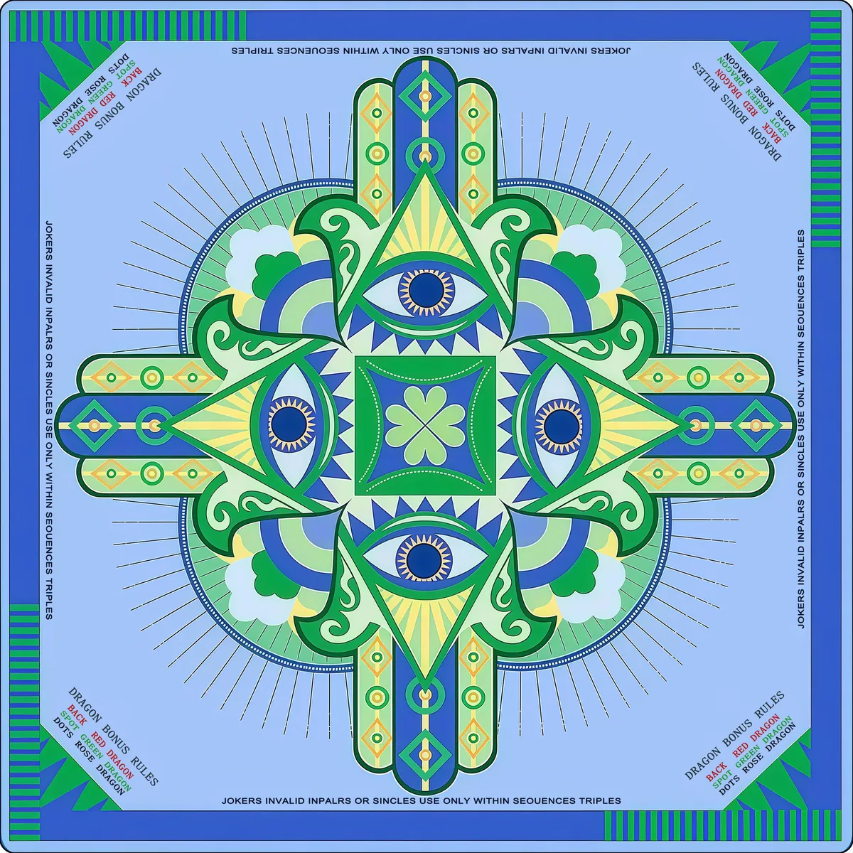 The Emerald Hamsa Mat, decorative hands and eye motifs form a symmetrical green medallion on pale blue, framed by fine lines and a bright green edge