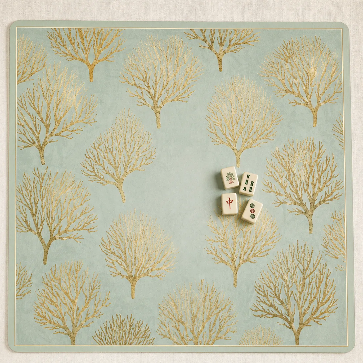 The Gold Coral Mat, sage green mat with golden coral fans and a fine gold border