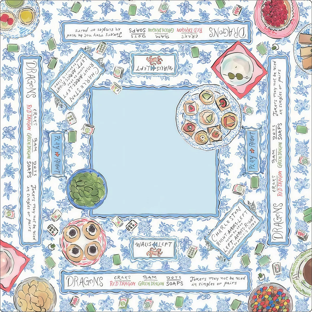 The Porcelain Tea Mat, decorative plates, tea-inspired details and printed game notes surround a pale blue center, joined by delicate blue botanical ornament