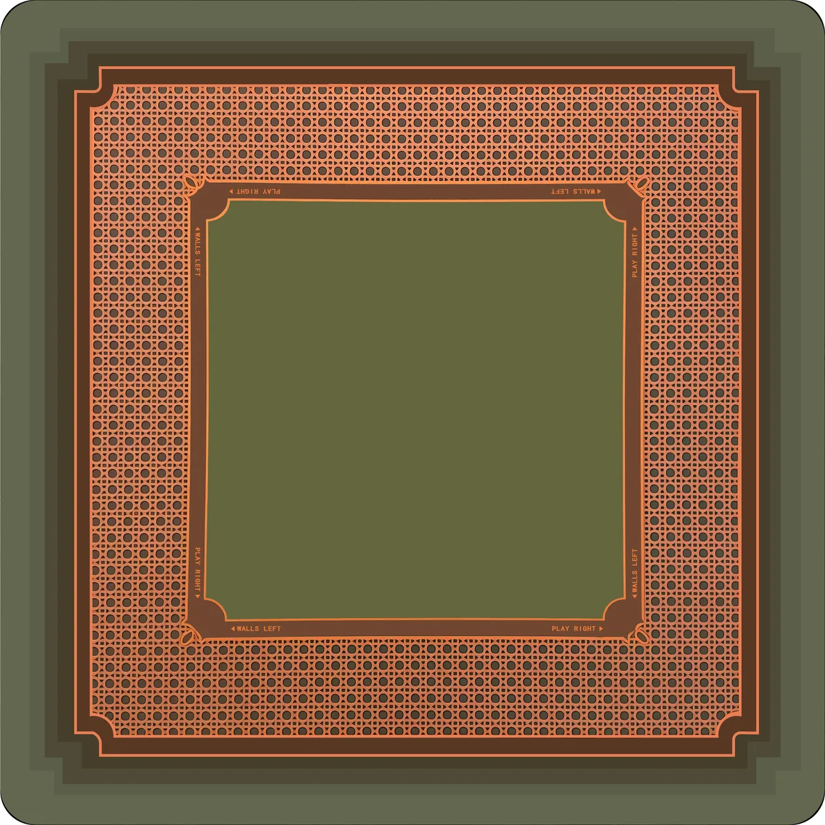 The Terracotta Lattice Mat, a terracotta lattice border surrounds a quiet olive center, with fine stepped framing lending the design a tailored finish