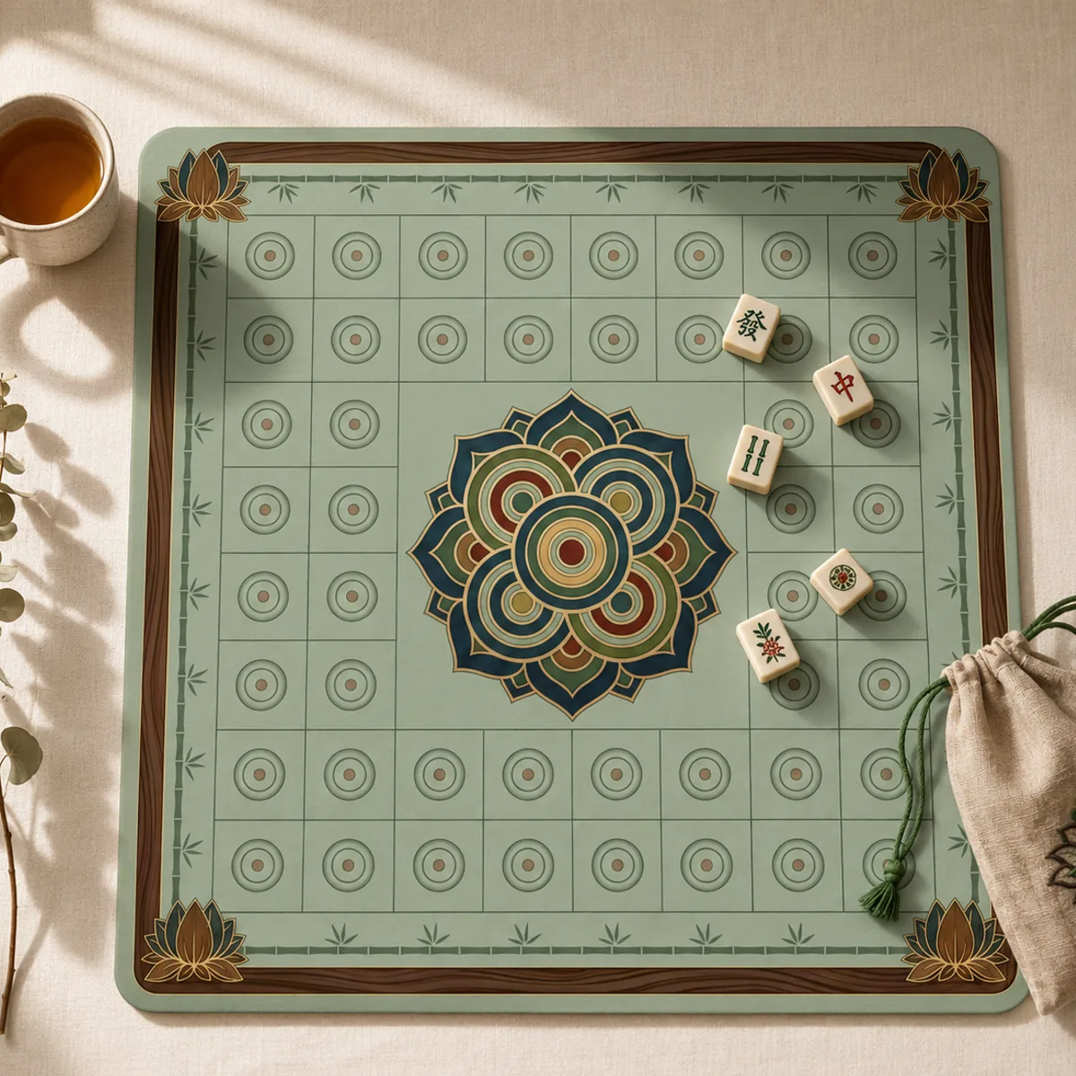 The Zen Mandala Mat, sage green mat with a jewel-toned central mandala and lotus corners