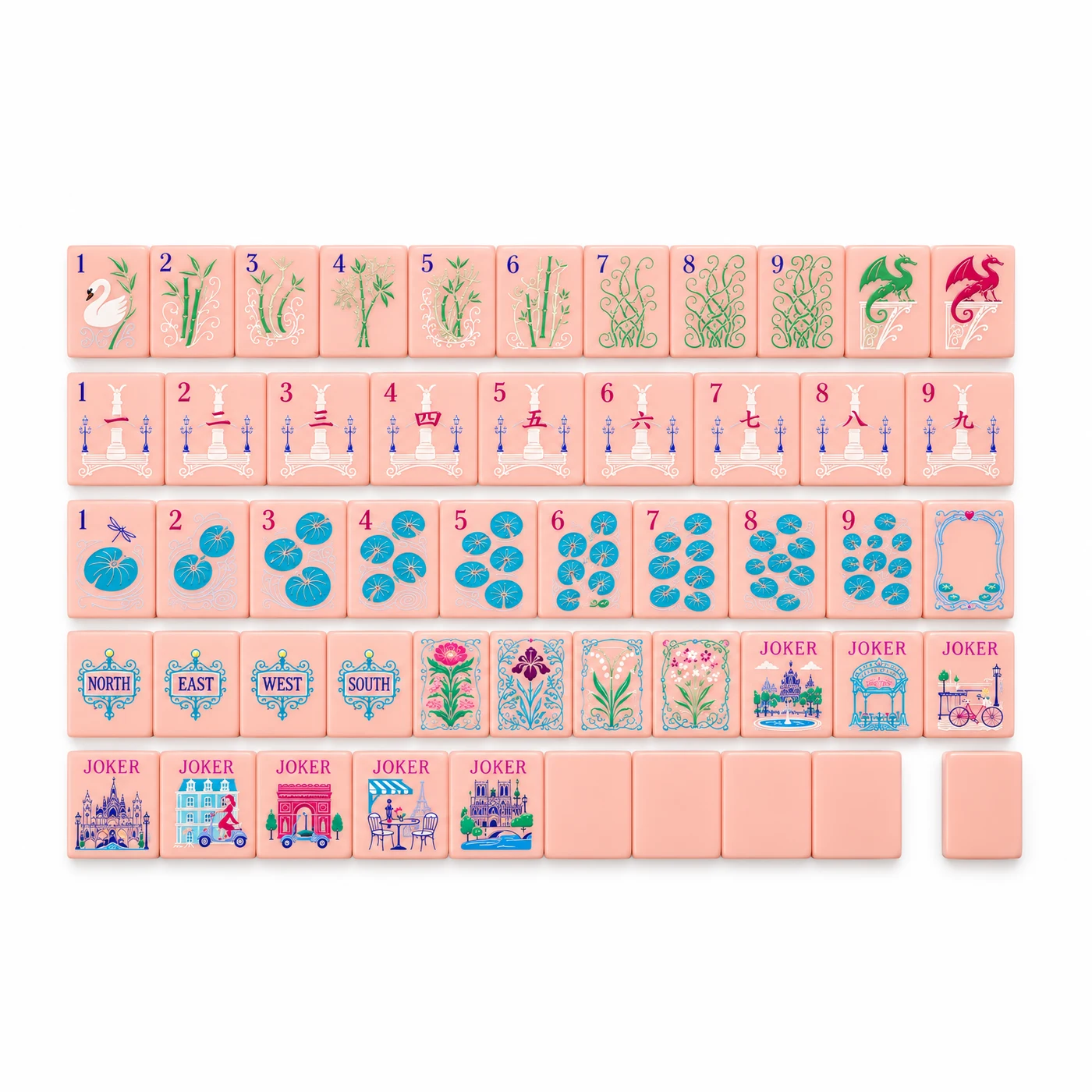 The Belle Époque Set, blush pink mahjong tiles with Parisian scenes and turquoise lily pad dots