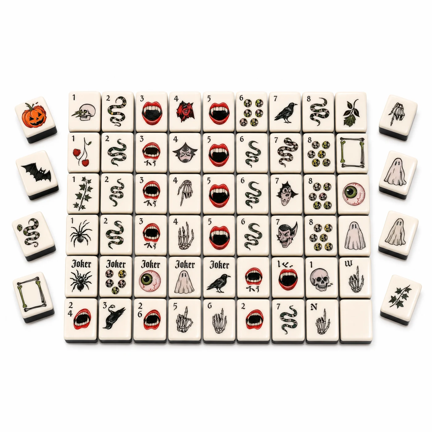 The Hallow's Eve Set, black and ivory gothic mahjong tiles with Halloween artwork