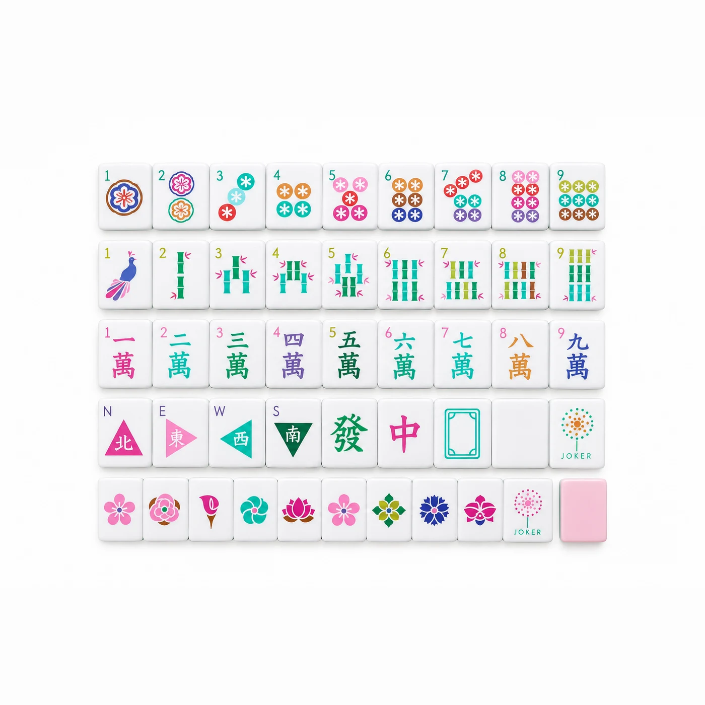 The Mod Garden Set, white mahjong tiles with graphic rainbow blossom dots and pink striped backs