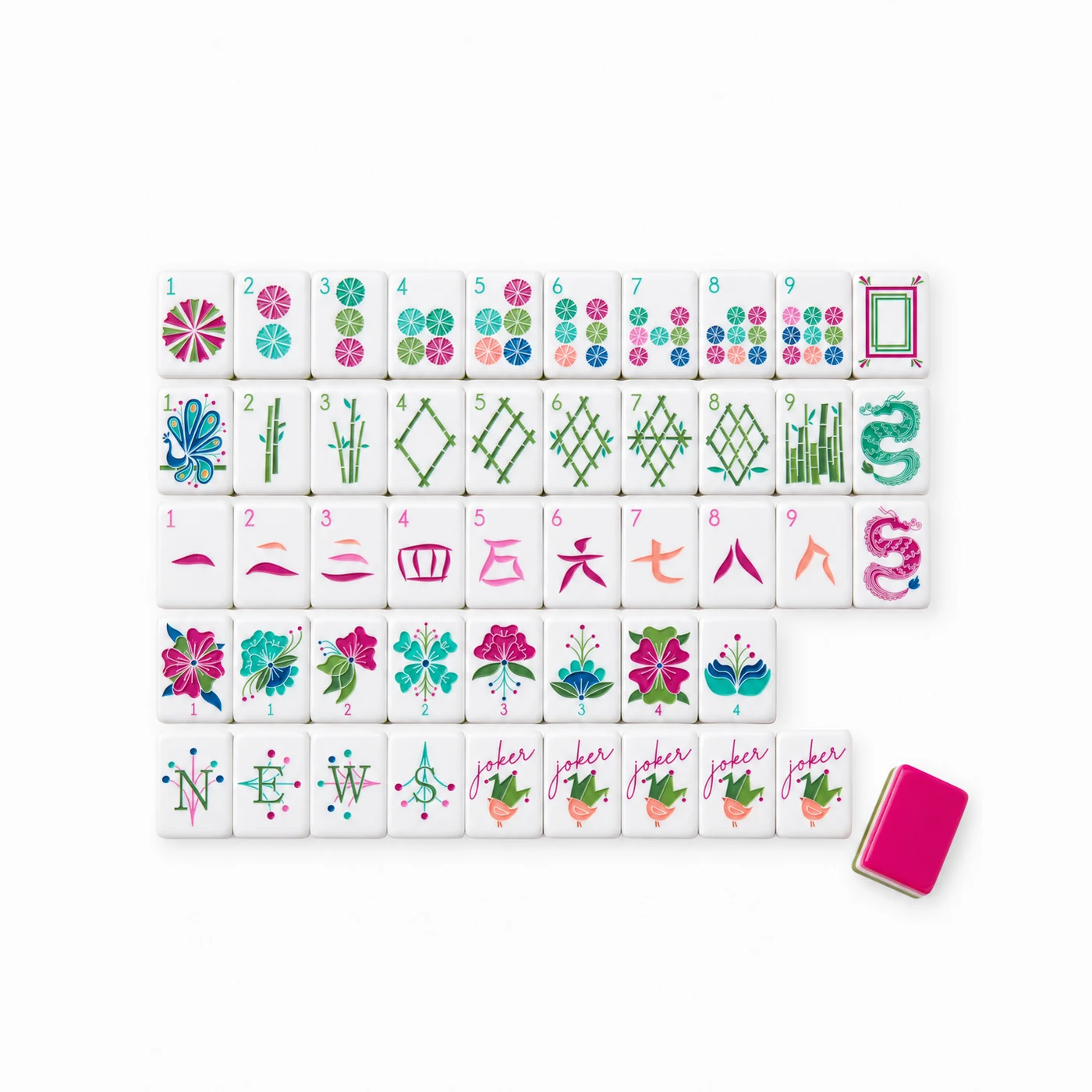 The Pinwheel Berry Set, white mahjong tiles with berry pink pinwheel dots and green layered edges