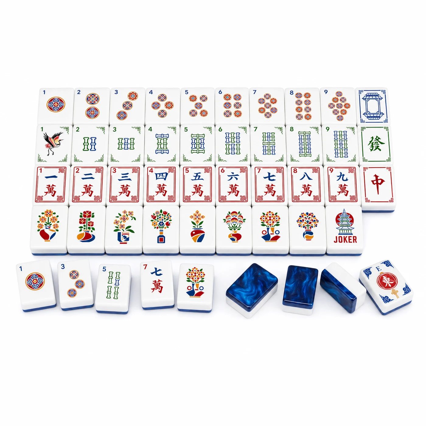 The Royal Blue Marble Set, royal blue marbled mahjong tiles with white faces