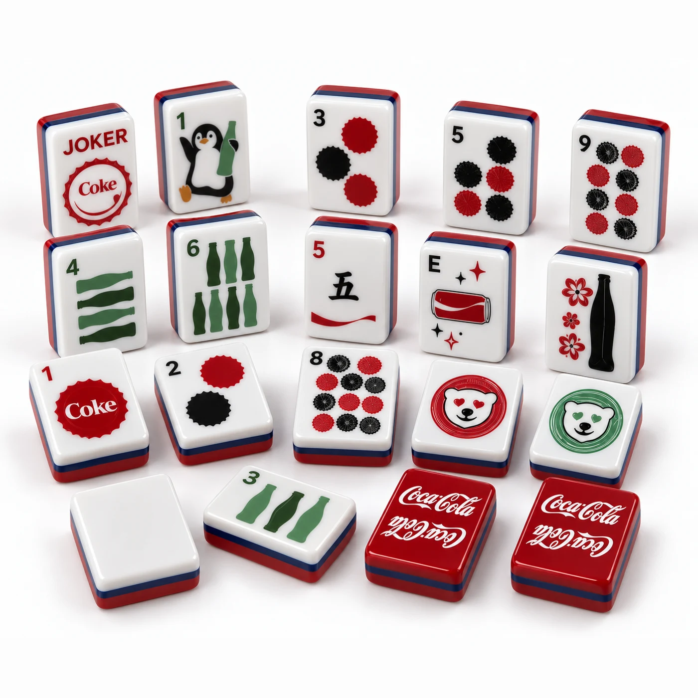 The Soda Fountain Set, white mahjong tiles with red bottle cap dots and cherry red backs